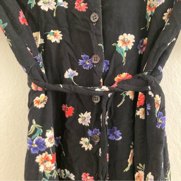 Vintage Dark Floral Maxi Shirt Dress Button Down Whimsical Bloomcore Tie Waist - Picture 7 of 12